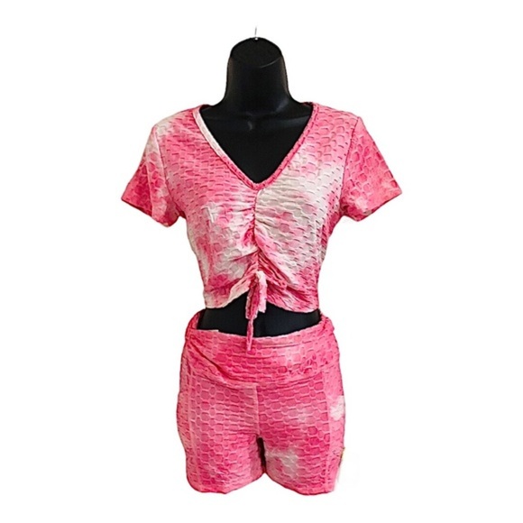2 piece pink white v-neck printed crop top & booty shaping shorts set - Picture 8 of 15